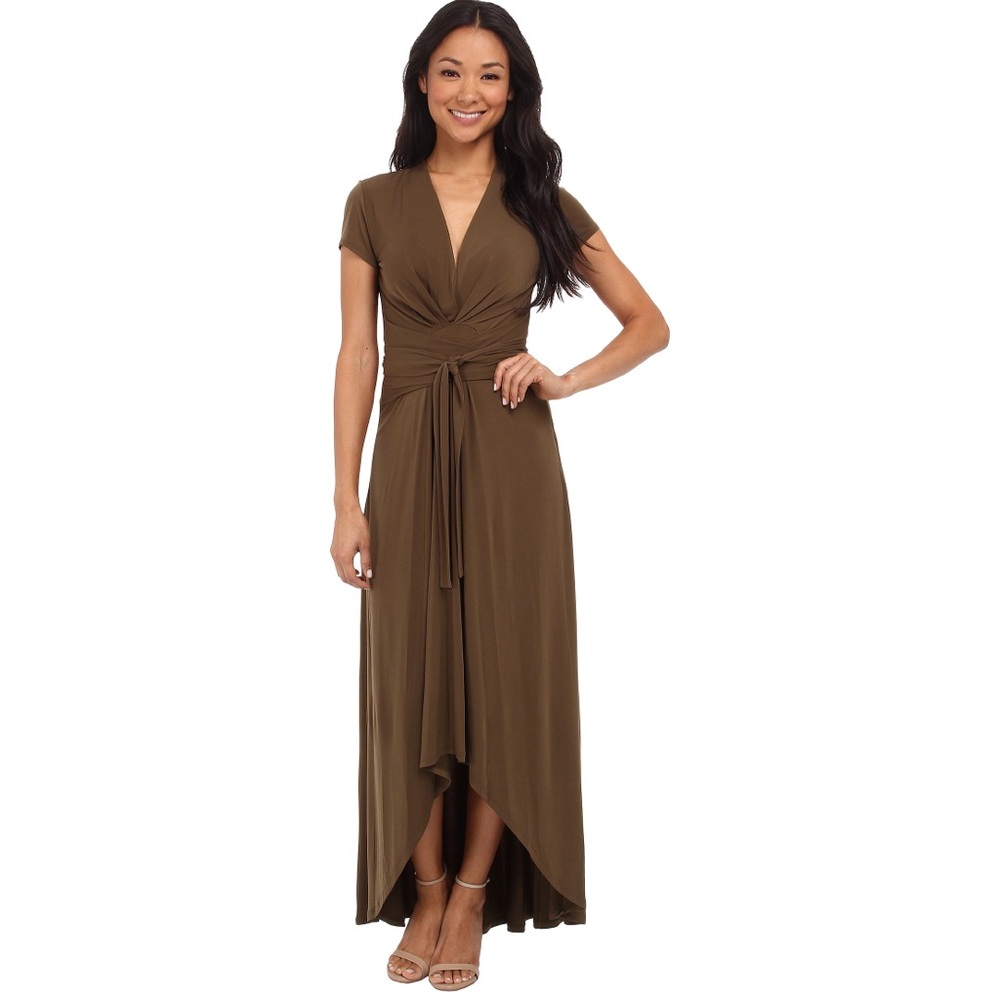 MICHAEL Michael Kors Brown Midi Hi Low Cap Sleeve Slinky Wrap Dress size 2